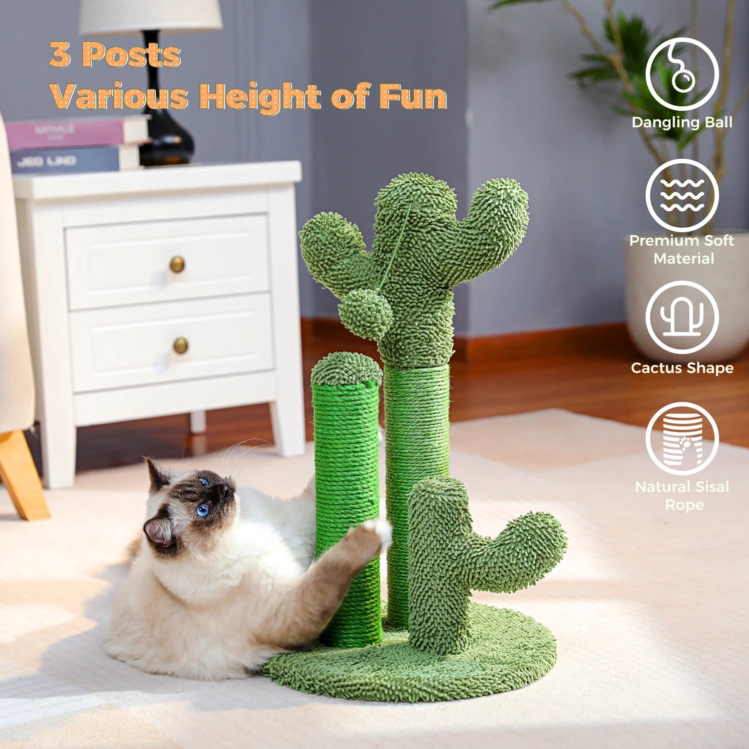 Cactus Cat Scratcher - 3 poles + Dangling Ball